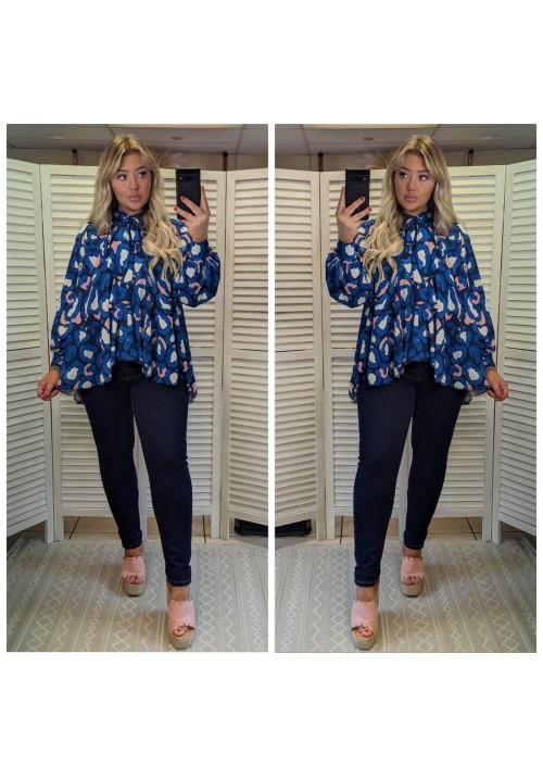 COCKTAIL HOUR PUSSY BOW BLOUSE - ROYAL BLUE/PINK LEOPARD PRINT 