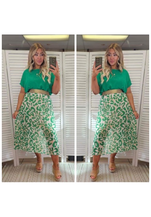 CITY CHIC PLEATED SKIRT - GREEN/WHITE LEOPARD