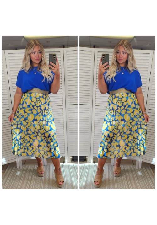 CITY CHIC PLEATED SKIRT - BLUE/YELLOW LEOPARD