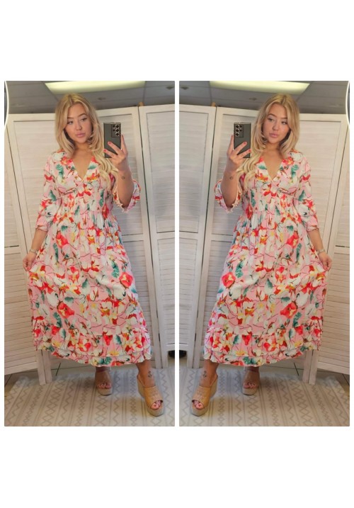 STEVIE FLUTED SLEEVE MAXI DRESS - PINK/MULTI FLORAL