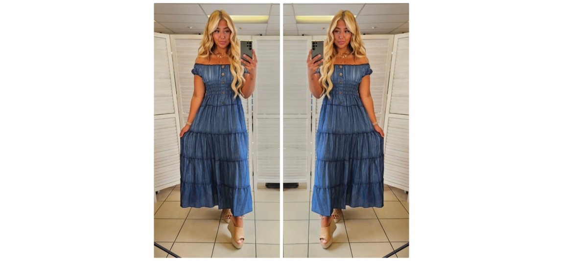 AZURE HAZE BARDOT MAXI DRESS - DENIM BLUE