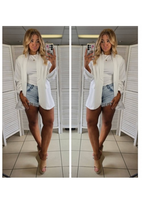 COUTURE CURVE RUFFLE SLEEVE BLAZER - WHITE 