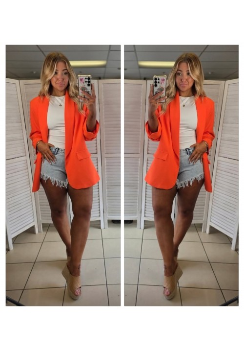 COUTURE CURVE RUFFLE SLEEVE BLAZER - NEON ORANGE