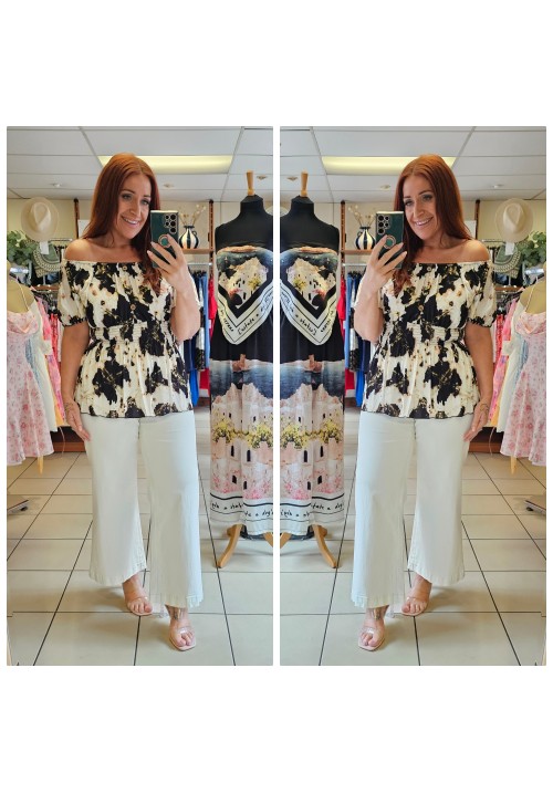 HOLIDAY ESSENTIAL BARDOT TOP - CREAM/BLACK