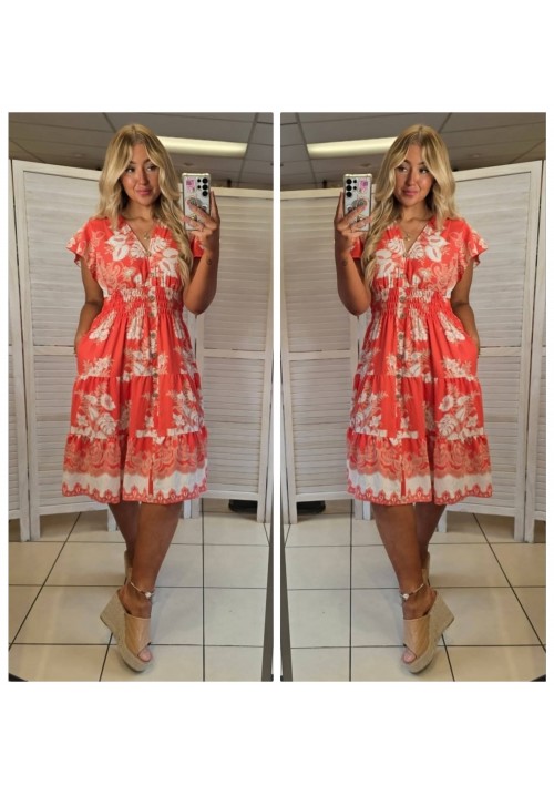  FLORA FIESTA FLUTTER SLEEVE SUMMER DRESS -  ORANGE TROPICAL 