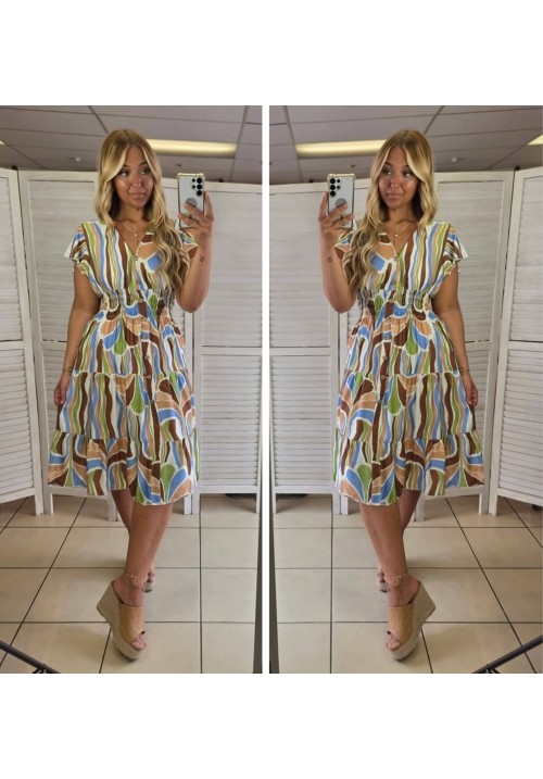  FLORA FIESTA FLUTTER SLEEVE SUMMER DRESS - LIME ABSTRACT 