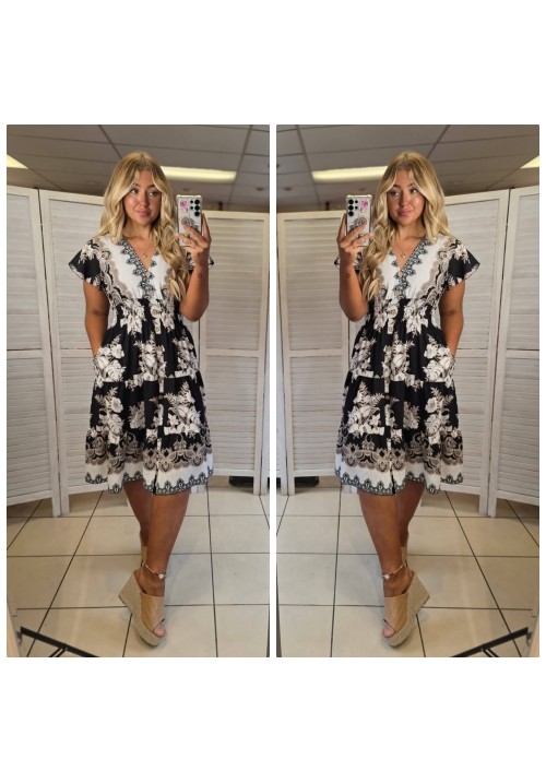  FLORA FIESTA FLUTTER SLEEVE SUMMER DRESS -  MONSTERA BLACK 