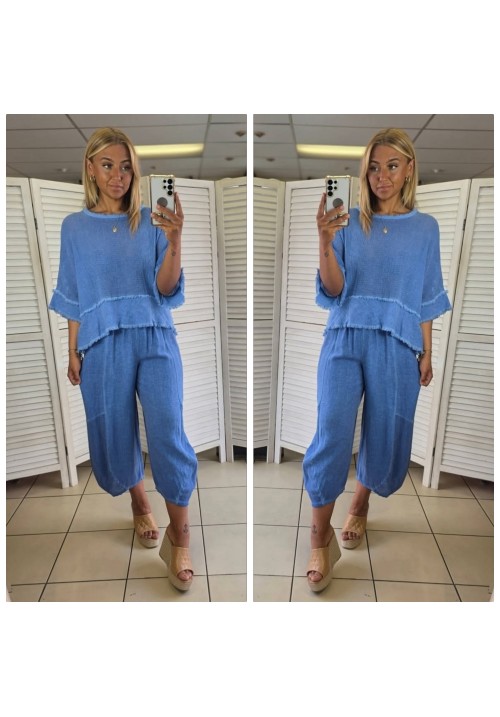 MYKONOS MEMORIES DISTRESSED LINEN TOP - DENIM BLUE 