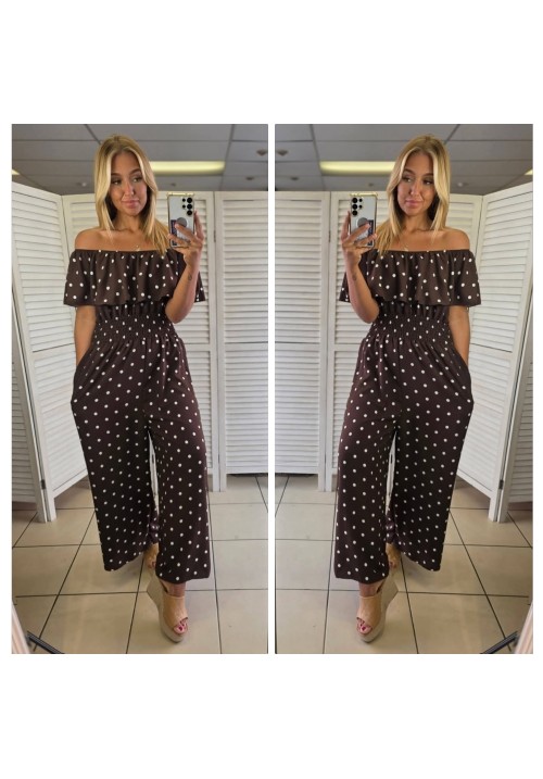 CURVY GIRLS BARDOT JUMPSUIT - POLKA DOT - CHOCOLATE 