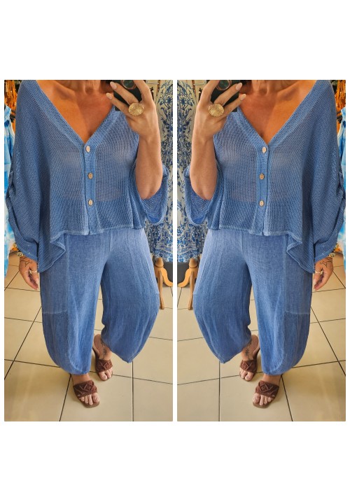 MYKONOS MEMORIES LINEN BUTTON TOP - DENIM BLUE