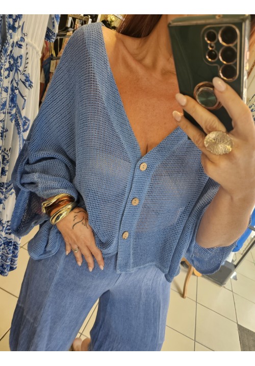 MYKONOS MEMORIES LINEN BUTTON TOP - DENIM BLUE 