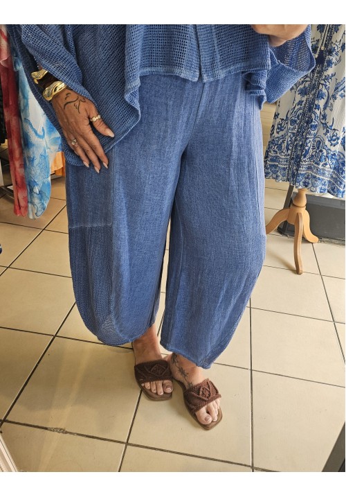 MYKONOS MEMORIES LINEN BARREL TROUSERS - DENIM BLUE