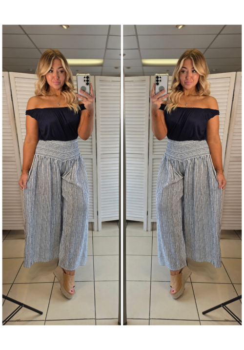  RUCHE AND ROLL TROUSER - NAVY/WHITE