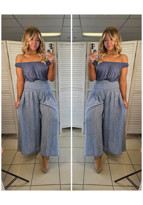  RUCHE AND ROLL TROUSER - DENIM BLUE/WHITE