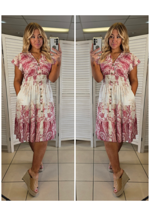 FLORA FIESTA FLUTTER SLEEVE SUMMER DRESS - FLORAL PINK