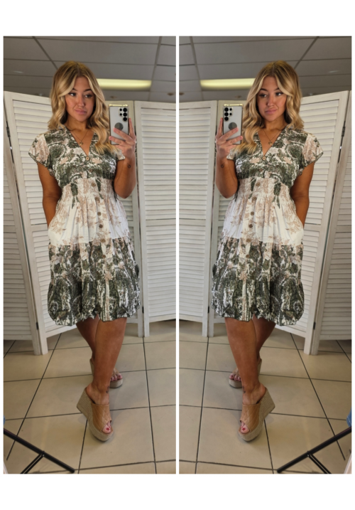 FLORA FIESTA FLUTTER SLEEVE SUMMER DRESS - FLORAL GREEN