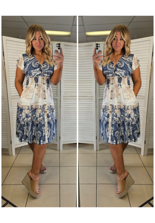 FLORA FIESTA FLUTTER SLEEVE SUMMER DRESS - FLORAL BLUE