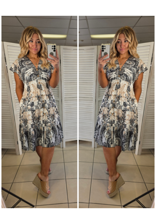 FLORA FIESTA FLUTTER SLEEVE SUMMER DRESS - FLORAL BLACK