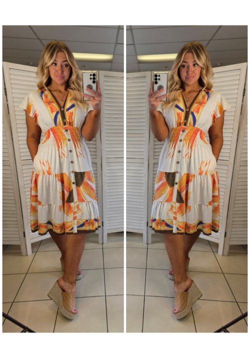 FLORA FIESTA FLUTTER SLEEVE SUMMER DRESS - SUNFLOWER - ORANGE