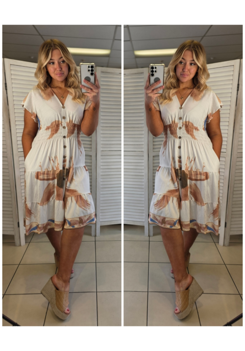 FLORA FIESTA FLUTTER SLEEVE SUMMER DRESS - SUNFLOWER - TAN