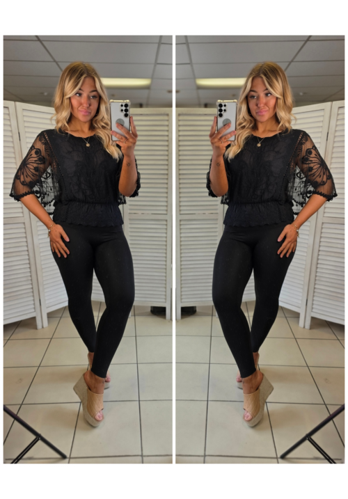 ANGELS SECRET EMBROIDERED TOP - BLACK