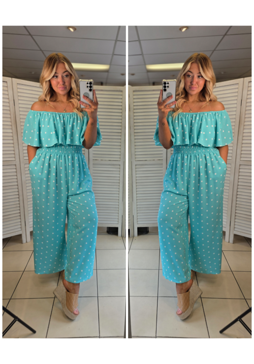 CURVY GIRLS BARDOT JUMPSUIT - POLKA DOT - TURQUOISE