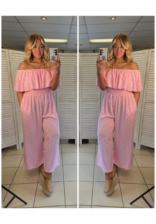 CURVY GIRLS BARDOT JUMPSUIT - POLKA DOT - PINK