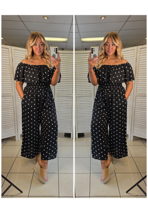 CURVY GIRLS BARDOT JUMPSUIT - POLKA DOT - BLACK