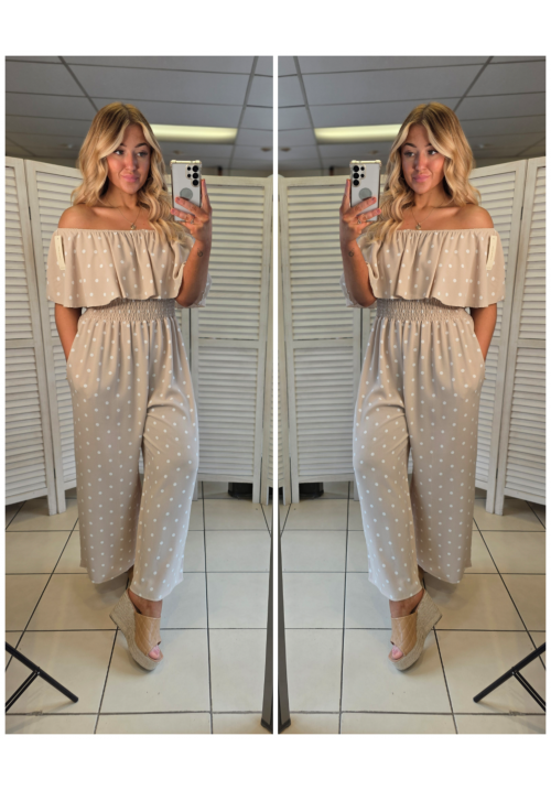 CURVY GIRLS BARDOT JUMPSUIT - POLKA DOT - TAN
