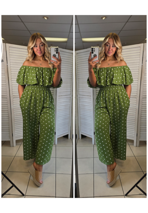 CURVY GIRLS BARDOT JUMPSUIT - POLKA DOT - GREEN