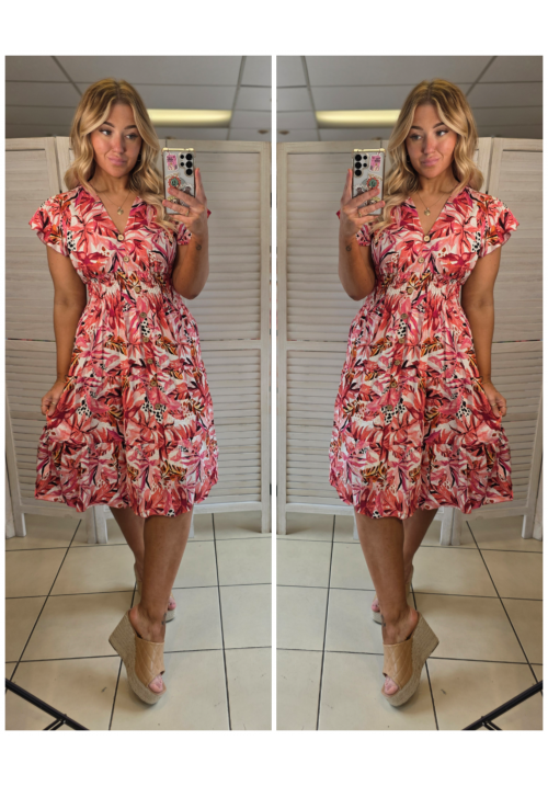  FLORA FIESTA FLUTTER SLEEVE SUMMER DRESS - PALM LEAF - PINK