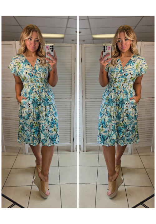  FLORA FIESTA FLUTTER SLEEVE SUMMER DRESS - PALM LEAF - BLUE/GREEN