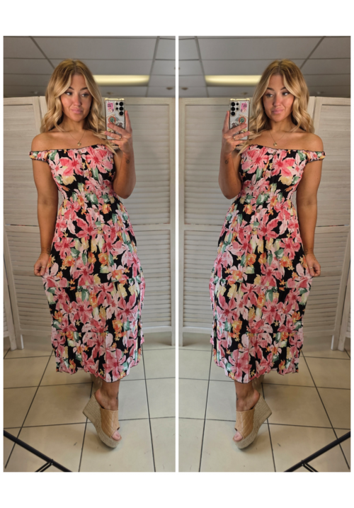 THE BOTANICAL BARDOT MAXI DRESS - BLACK/PINK