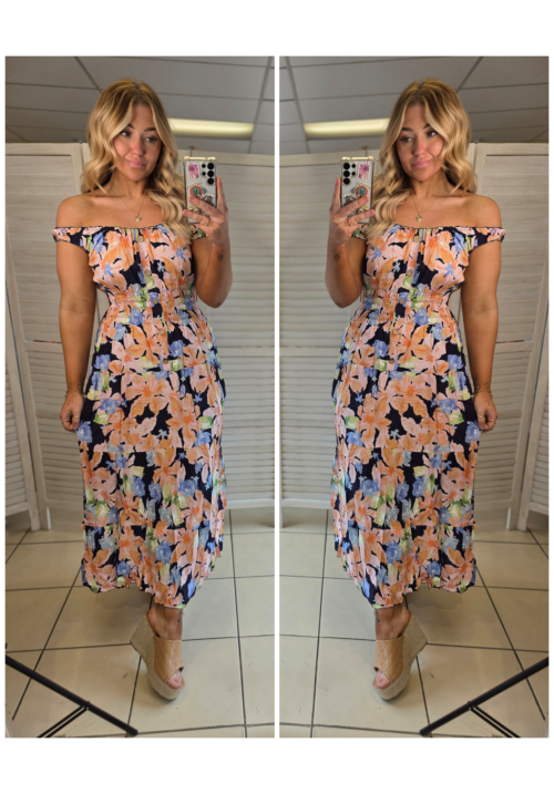 THE BOTANICAL BARDOT MAXI DRESS - ORANGE/BLUE