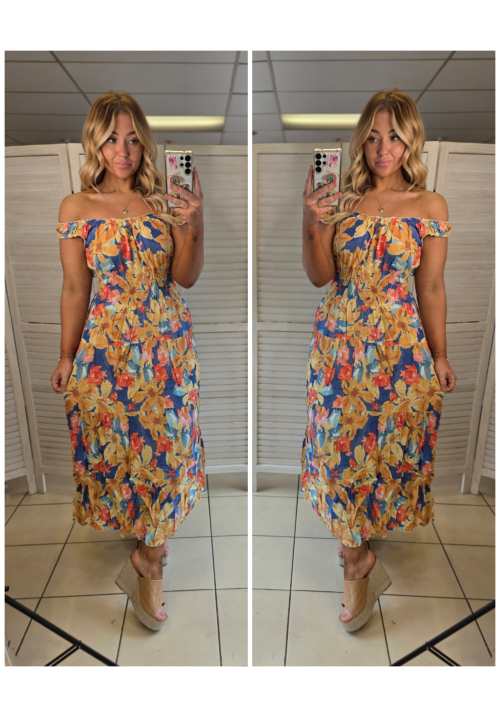 THE BOTANICAL BARDOT MAXI DRESS - BLUE/YELLOW