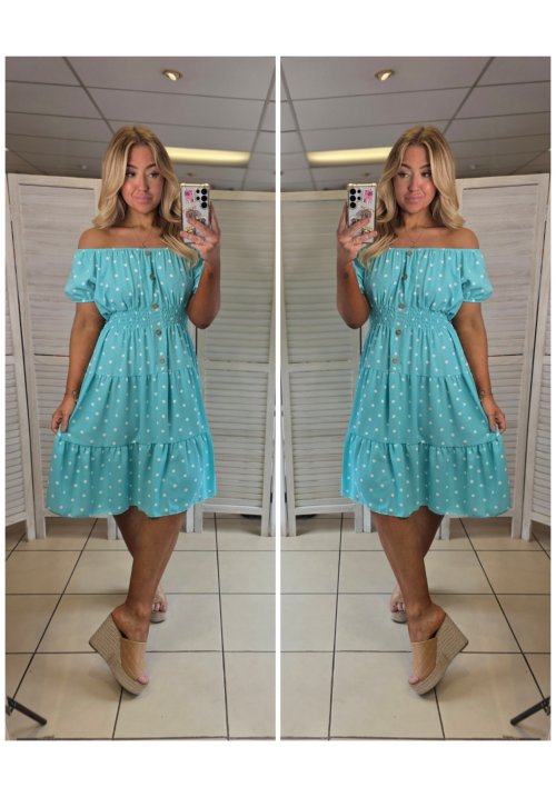 CURVY GIRLS DOTTY DARLING BARDOT DRESS - BLUE