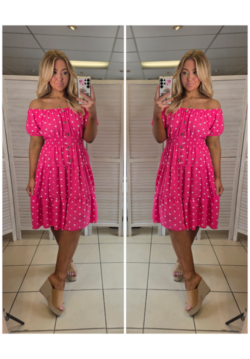 CURVY GIRLS DOTTY DARLING BARDOT DRESS - PINK