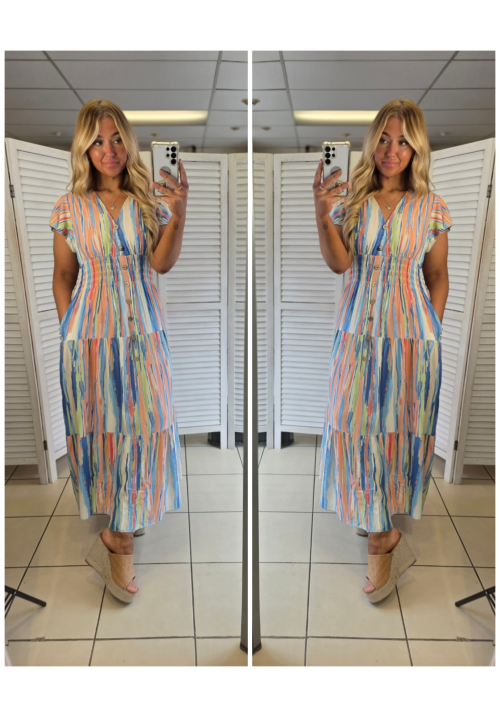 FLORA FIESTA FLUTTER SLEEVE MAXI SUMMER DRESS - STRIPE - MULTI 3