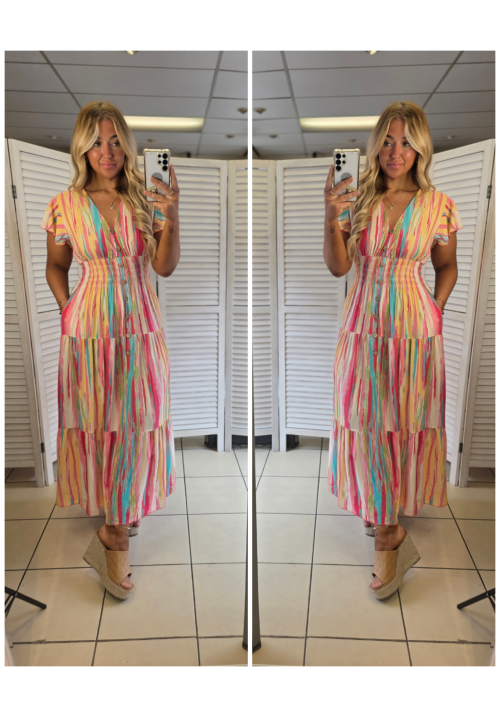 FLORA FIESTA FLUTTER SLEEVE MAXI SUMMER DRESS - STRIPE - MULTI 2