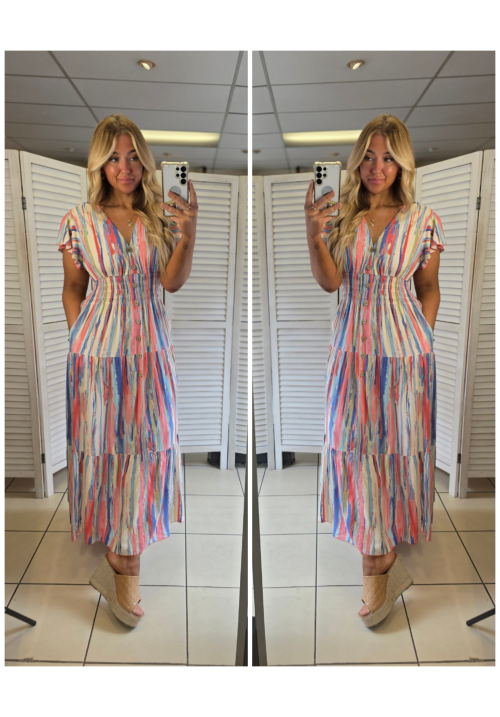 FLORA FIESTA FLUTTER SLEEVE MAXI SUMMER DRESS - STRIPE - MULTI 1