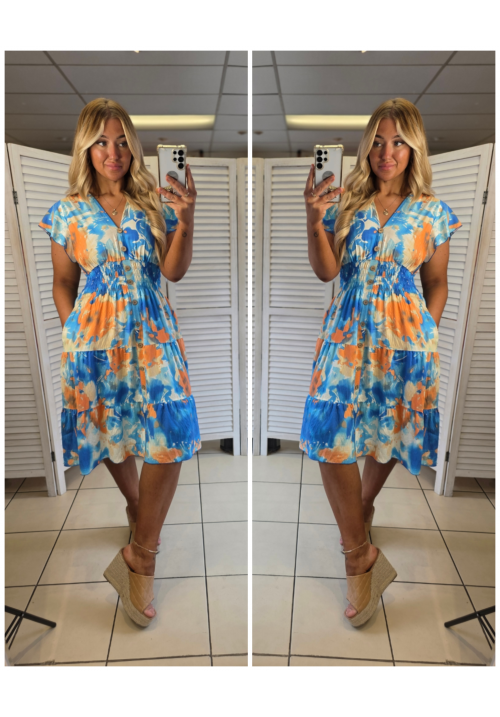 FLORA FIESTA FLUTTER SLEEVE SUMMER DRESS - ABSTRACT BLUE