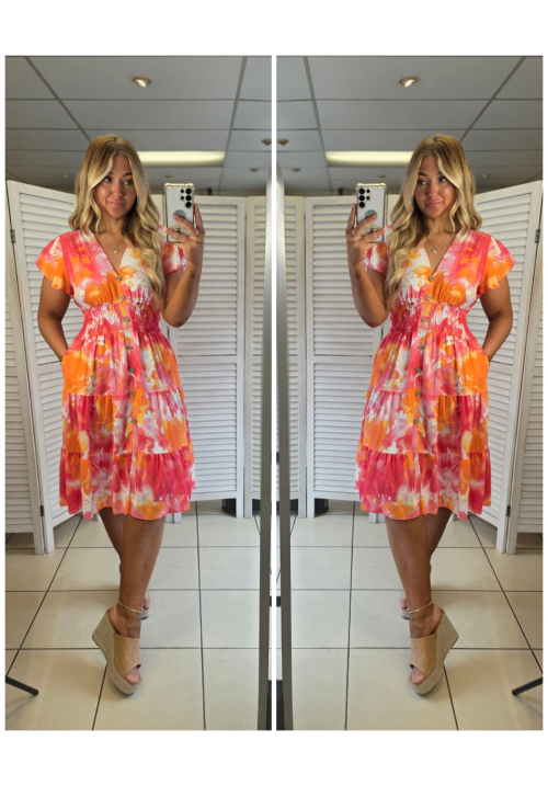 FLORA FIESTA FLUTTER SLEEVE SUMMER DRESS - ABSTRACT PINK