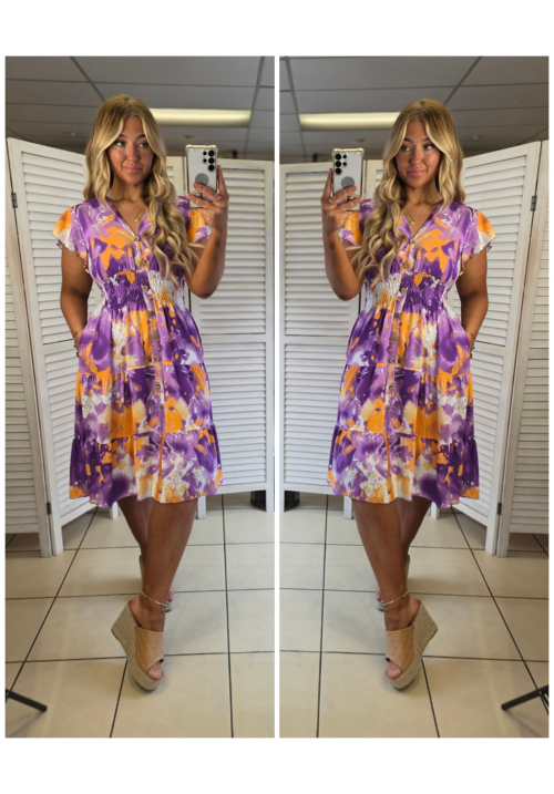 FLORA FIESTA FLUTTER SLEEVE SUMMER DRESS - ABSTRACT PURPLE