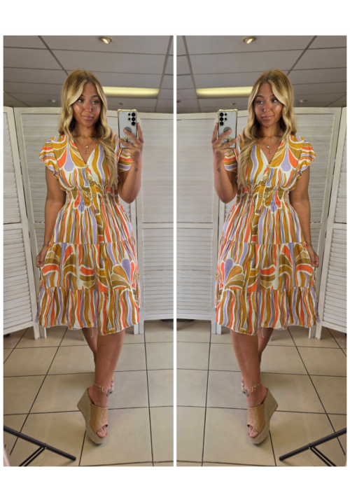  FLORA FIESTA FLUTTER SLEEVE SUMMER DRESS -  MUSTARD ABSTRACT