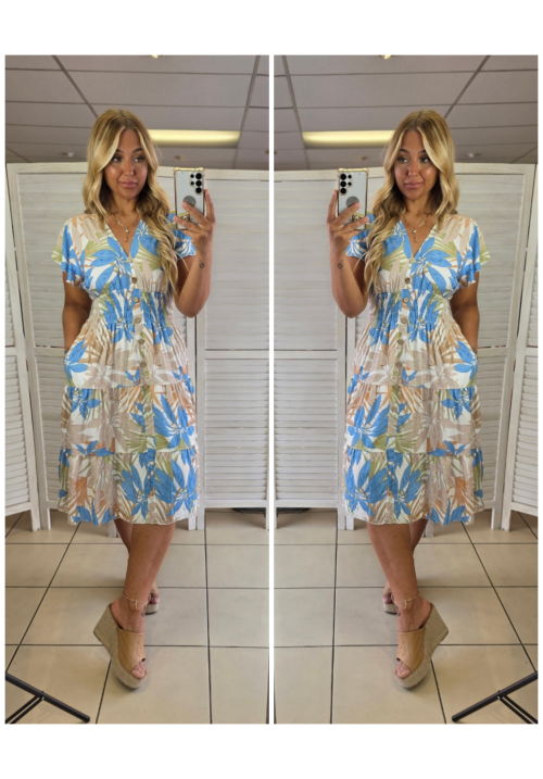  FLORA FIESTA FLUTTER SLEEVE SUMMER DRESS -  PALM - BLUE/CREAM