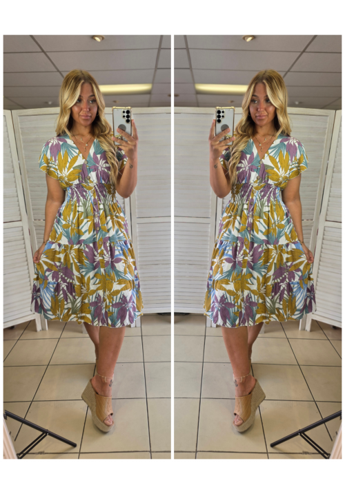  FLORA FIESTA FLUTTER SLEEVE SUMMER DRESS -  PALM - PURPLE/MUSTARD