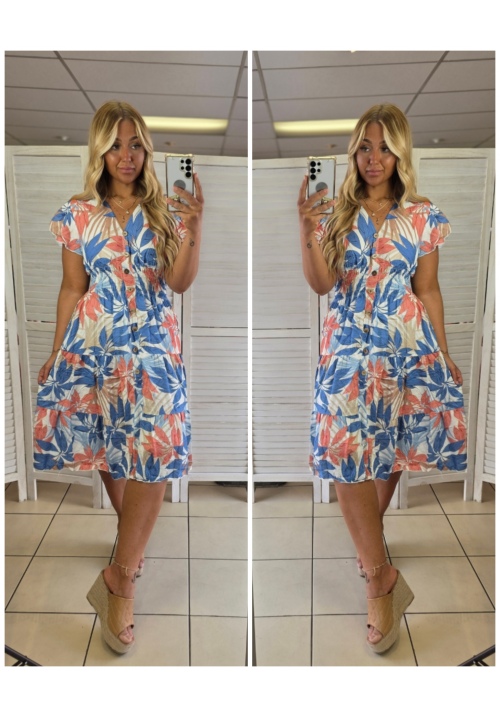  FLORA FIESTA FLUTTER SLEEVE SUMMER DRESS -  PALM - BLUE/PINK