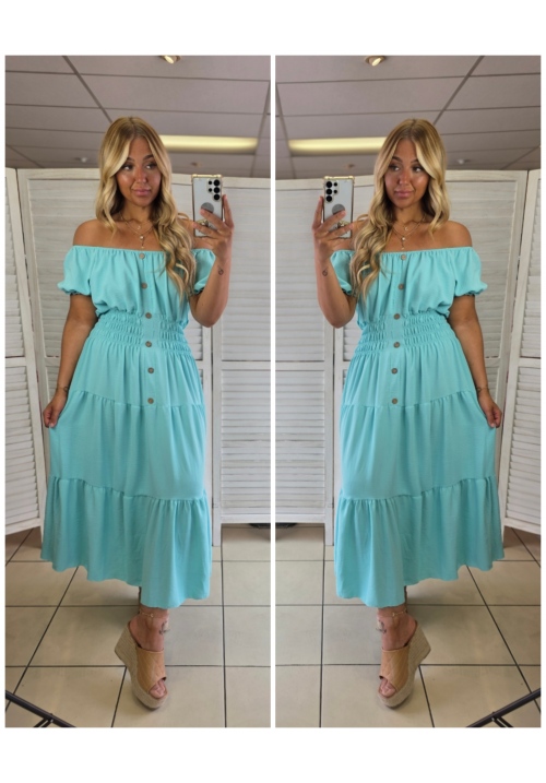 CURVY BOHEMIAN MAXI SUMMER BARDOT DRESS - AQUA