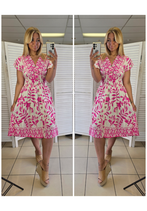  FLORA FIESTA FLUTTER SLEEVE SUMMER DRESS -  PINK FLORAL