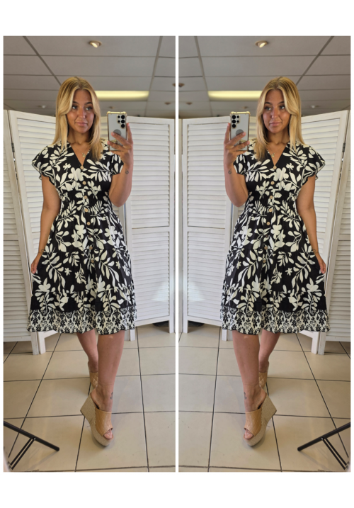  FLORA FIESTA FLUTTER SLEEVE SUMMER DRESS -  BLACK FLORAL